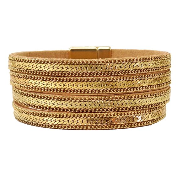 Wide gold chain bracelet with four rows of chain backed with a soft suede. - Picture 6 of 12